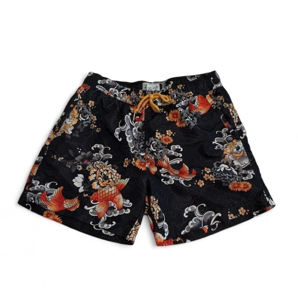 Forever 21 Swim Trunks Mens Small Black Koi‎ Fish Floral Excellent Board Shorts